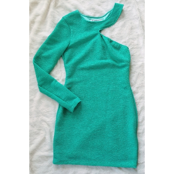 BCBGeneration Teal One Sleeve Asymmetric Bodycon Mini Dress - Picture 2 of 8